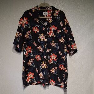 Uzzi Black Short-Sleeve Floral Button-Down Shirt in Red-Orange and Cream